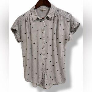 Jane and Delancey Striped Dog Print Button Front Blouse Short Sleeve